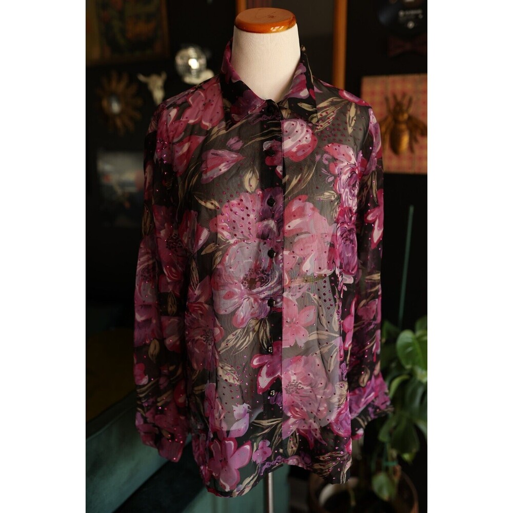 Vintage Erena Woman Sheer Dark Floral whimsigoth Glitter Button Up long sleeve L